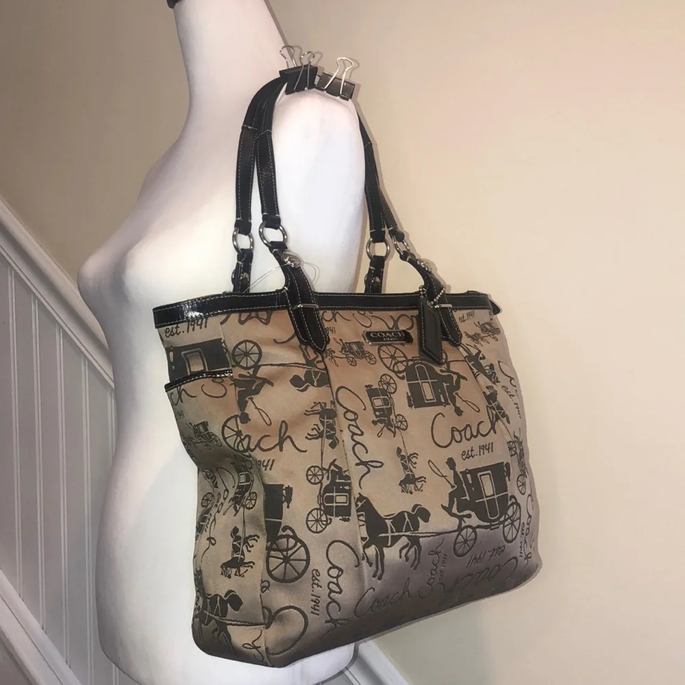 COACH Vintage Horse & Carriage Tan Satin Shoulder Bag  Black Leather Straps